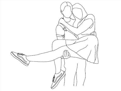 Line art of two girls with loose hair showing peace signs. The words 'Larry & Tiny'. Line art of two girls showing their middle fingers which have identical rings on them.